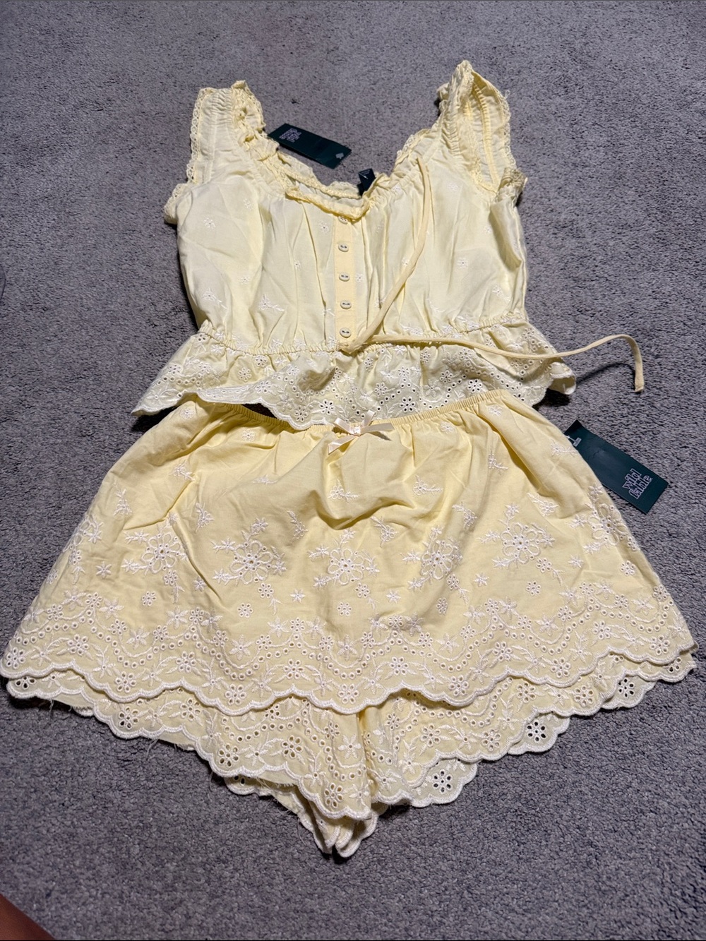 wild fable Pale Yellow Eyelet Lace Camisole & Shorts Set